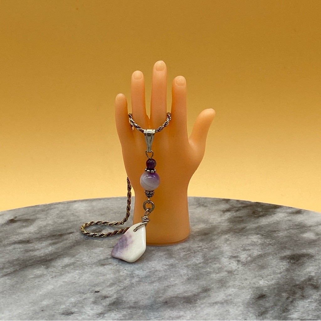 Vintage Shell Purple Beads Pendant Silver Chain Necklace 925 Italy - 00h00n